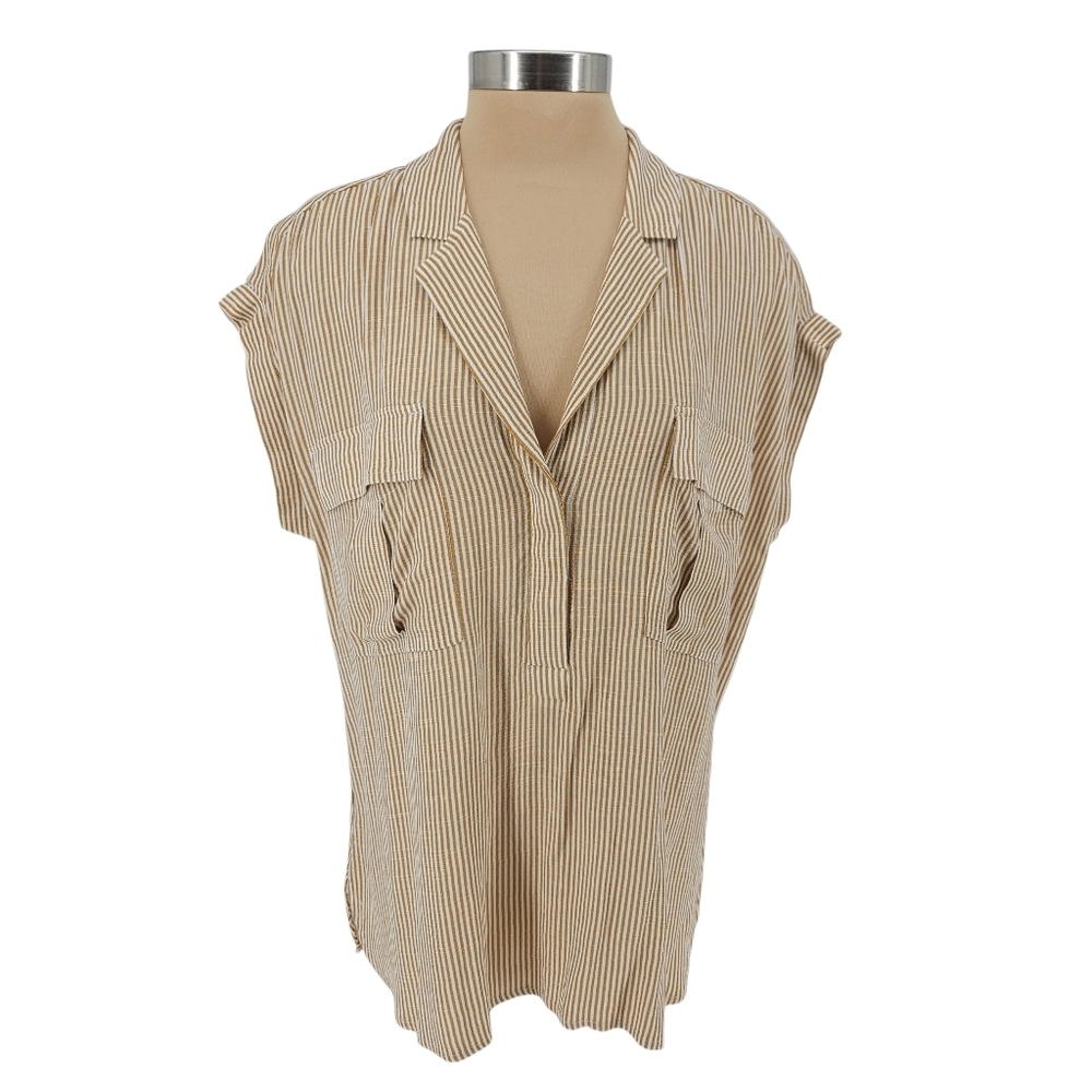 Ann Taylor LOFT Boyfriend Shirt Tan Stripe Short Sleeve Collared VNeck Top Large